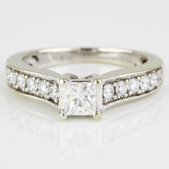 14K White Gold Solitaire Diamond Engagement Ring with Accent Diamonds